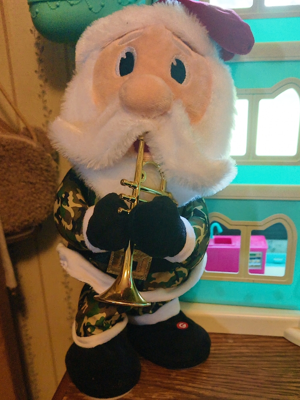 Plush Santa with Gold Trumpet - Camouflage Outfit